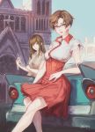  2girls artist_name blue_sky breasts brown_eyes brown_hair brown_shirt car church closed_mouth collared_shirt commentary cross day ground_vehicle highres holding holding_phone kang_jaehee leaning_back long_hair looking_at_viewer medium_breasts motor_vehicle multiple_girls outdoors phone protagonist_(susanghan_messenger) saimon_ma shirt short_hair sky sunlight susanghan_messenger twitter_username yellow_eyes 