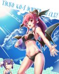  2girls absurdres ball bare_arms beachball bikini black_bikini black_wings breasts bun_cover chibi_inset crescent crescent_hair_ornament cup drink drinking drinking_glass drinking_straw hair_ornament head_wings highres horns koakuma long_hair looking_at_viewer medium_breasts multiple_girls navel patchouli_knowledge pointy_ears ponytail purple_hair red_eyes redhead ryuuno_stadtfeld smile stomach swimsuit touhou wings 