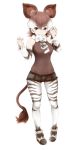  1girl bare_shoulders bow bowtie brown_eyes brown_hair full_body ise_(0425) kemono_friends multicolored_hair okapi_(kemono_friends) okapi_ears okapi_tail pantyhose simple_background solo teeth two-tone_hair white_background white_hair 