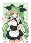  1girl anchovy apron black_bow blush bow breasts brown_eyes cleavage drill_hair eyebrows_visible_through_hair girls_und_panzer glasses green_hair hair_bow large_breasts long_hair looking_at_viewer maid maid_apron shangguan_feiying smile solo twintails twitter_username v 