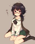  1girl absurdres black_boots black_eyes black_hair black_neckerchief blouse boots closed_mouth full_body girls_und_panzer glasses green_skirt haori highres japanese_clothes long_sleeves looking_at_viewer messy_hair miniskirt neckerchief ooarai_school_uniform oryou_(girls_und_panzer) pleated_skirt red-framed_eyewear school_uniform semi-rimless_glasses serafuku short_hair short_ponytail simple_background sitting sketch skirt solo toyosu_toyosu translated under-rim_glasses wariza white_blouse 