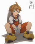  1boy 8_(yamalu) belt blue_eyes brown_hair chain_necklace closed_eyes cropped_jacket fingerless_gloves gloves hood hooded_jacket jacket jewelry kingdom_hearts kingdom_hearts_i looking_at_viewer male_focus necklace shoes short_jumpsuit sitting sneakers solo sora_(kingdom_hearts) white_background 