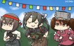  10s 3girls black_hair blue_sky brown_hair commentary dancing dated gloves hachimaki hair_between_eyes hakama_skirt hamu_koutarou headband highres japanese_clothes kantai_collection kariginu magatama multiple_girls muneate partly_fingerless_gloves ryuujou_(kantai_collection) shaded_face short_hair sky sparkle taihou_(kantai_collection) tasuki twintails uwu visor_cap yugake zui_zui_dance zuikaku_(kantai_collection) 