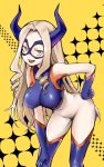  1girl :d bent_over blonde_hair bodysuit boku_no_hero_academia breasts covered_navel domino_mask drill_hair full_body half-closed_eyes hand_on_hip highres horns large_breasts looking_at_viewer mask mount_lady open_mouth red_eyes simple_background smile solo sunege_(hp0715) yellow_background 