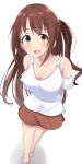  1girl absurdres arms_behind_back bare_shoulders breasts brown_eyes brown_hair cleavage foreshortening h3po4_chiba half_updo highres idolmaster idolmaster_cinderella_girls long_hair looking_at_viewer medium_breasts one_side_up open_mouth shimamura_uzuki smile solo standing white_background 