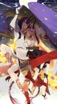  2girls anklet arm_up bare_shoulders barefoot barefoot_sandals black_hair blonde_hair bracelet facial_mark fate/grand_order fate_(series) flat_chest highres holding horns ibaraki_douji_(fate/grand_order) jewelry leg_tattoo long_hair looking_at_viewer multiple_girls navel oni oni_horns pale_skin parted_lips purple_hair revealing_clothes robe short_hair shuten_douji_(fate/grand_order) smile tattoo touzai_(poppin_phl95) violet_eyes yellow_eyes 