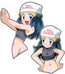  1girl :d bare_shoulders beanie blue_eyes blue_hair blush groin hainchu hands_on_hips hat hikari_(pokemon) long_hair looking_at_viewer looking_to_the_side midriff navel open_mouth outstretched_arms pokemon pokemon_(anime) simple_background sleeveless smile solo stomach sweater turtleneck turtleneck_sweater upper_body white_background 
