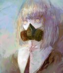  1girl blonde_hair creepy eyelashes fabri gas_mask habit long_hair original pastels solo upper_body yellow_eyes 