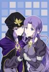  2girls absurdres black_gloves breasts cape caster dual_persona fate/stay_night fate_(series) gloves hand_holding highres hood lipstick long_hair makeup medium_breasts multiple_girls pointy_ears purple_hair purple_lipstick violet_eyes zha_cha_jiang 