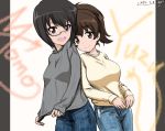  2girls blush brown_hair bukkuri casual dated denim girls_und_panzer jeans kawashima_momo koyama_yuzu leaning_on_person long_hair long_sleeves multiple_girls pants ponytail short_hair sweater 