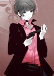  1girl black_eyes black_hair black_jacket black_skirt brown_background collarbone dress_shirt eyebrows_visible_through_hair gun holding holding_gun holding_weapon jacket kuso_bba pink_shirt psycho-pass shirt short_hair skirt smile solo standing tsunemori_akane weapon 