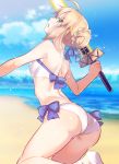  1girl ahoge artoria_pendragon_(swimsuit_archer)_(fate) ass beach bikini blonde_hair braid breasts clouds commentary day excalibur fate/grand_order fate_(series) green_eyes holding holding_sword holding_weapon looking_at_viewer looking_back makita_(homosapiensu) medium_breasts ocean open_mouth saber sky solo swimsuit sword water_gun weapon white_bikini 