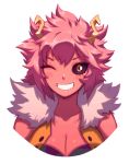  1girl ;d antennae ashido_mina black_sclera blush_stickers boku_no_hero_academia breasts cleavage collarbone liyart medium_breasts one_eye_closed open_mouth pink_hair pink_skin short_hair simple_background smile solo teeth upper_body vest white_background yellow_eyes 
