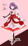  1girl ;) blush dress embellished_costume eyeshadow fang_out fangs fingernails hat high_heels highres long_fingernails makeup mob_cap one_eye_closed pointy_ears purple_hair red_eyes remilia_scarlet sharp_fingernails short_hair silhouette smile solo souta_(karasu_no_ouchi) touhou 