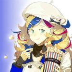  10s 1girl akira_(kadokawa) beret black_bow blonde_hair blue_background blue_hair bow commandant_teste_(kantai_collection) eating food gradient gradient_background green_eyes hat hat_bow holding kantai_collection looking_at_viewer lowres multicolored_hair popcorn redhead smile solo source_request streaked_hair upper_body white_bow white_hair white_hat 