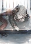  1girl bangs black_sweater brown_scarf closed_mouth commentary_request crack curled_horns eyebrows_visible_through_hair fringe grave grey_eyes hair_between_eyes hasunokaeru horns long_hair long_sleeves lying on_side original outdoors outstretched_arm railing silver_hair solo sweater 