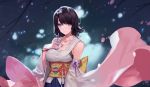  bare_shoulders black_hair detached_sleeves final_fantasy final_fantasy_x hand_on_own_chest heterochromia jewelry kishiyo looking_to_the_side necklace obi petals sash smile traditional_clothes wide_sleeves wind yuna 