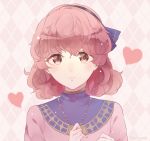  1girl artist_name bow brown_eyes curly_hair fire_emblem fire_emblem_echoes:_mou_hitori_no_eiyuuou hairband heart highres jenny_(fire_emblem) jewelry mirin. necklace pink_hair portrait solo 