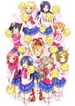  6+girls :d ;d arm_up arms_up ayase_eli black_hair black_ribbon blonde_hair blue_eyes blue_flower blue_skirt cheerleader choker closed_eyes flower green_eyes hair_flower hair_ornament hair_scrunchie happy_maker! highres hoshizora_rin karamoneeze koizumi_hanayo kousaka_honoka long_hair looking_at_viewer love_live! love_live!_school_idol_project minami_kotori miniskirt multiple_girls nishikino_maki one_eye_closed open_mouth orange_hair pleated_skirt pom_poms ponytail purple_hair red_flower red_shirt redhead ribbon ribbon_choker scrunchie shirt short_hair short_sleeves side_ponytail simple_background skirt smile sonoda_umi toujou_nozomi twintails very_long_hair violet_eyes white_background white_legwear white_ribbon white_shirt yazawa_nico yellow_eyes 