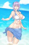  1girl beach bikini blush breasts elbow_gloves evuoaniramu gloves kanata_(evuoaniramu) large_breasts lavender_hair long_hair looking_at_viewer low_ponytail ocean open_mouth original partially_submerged ponytail purple_hair sarong smile solo swimsuit violet_eyes white_gloves 
