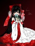  1girl absurdly_long_hair black_hair blood blood_on_face bow bridal_gauntlets cuts detached_sleeves dress embellished_costume empty_eyes flower hair_bow hair_ribbon hair_tubes hakurei_reimu highres injury large_bow long_hair looking_at_viewer red_eyes ribbon solo souta_(karasu_no_ouchi) steepled_fingers touhou very_long_hair 
