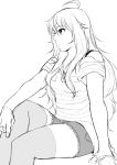  1girl ahoge antenna_hair denim denim_shorts hoshii_miki idolmaster idolmaster_2 long_hair monochrome profile shorts shoulders sitting sketch skulldrool smile solo thigh-highs zettai_ryouiki 