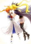  2girls blonde_hair blue_eyes brown_hair cape dress face-to-face fate_testarossa floating gloves hair_ribbon hand_holding hands_on_another&#039;s_face inukoro_(spa) long_hair looking_at_another lyrical_nanoha magical_girl mahou_shoujo_lyrical_nanoha multiple_girls neck_ribbon orange_hair red_eyes ribbon skirt smile takamachi_nanoha thigh-highs twintails white_background yuri zettai_ryouiki 