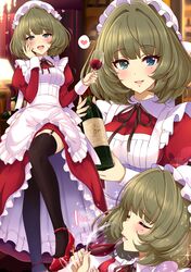  1girl :d alcohol alternate_costume apron black_legwear blue_eyes bottle breasts brown_hair closed_eyes commentary_request cup drinking_glass enmaided garter_straps green_eyes heart heterochromia high_heels highres idolmaster idolmaster_cinderella_girls jewel_(the_black_canvas) lips long_sleeves looking_at_viewer maid maid_apron maid_cap medium_breasts mole mole_under_eye open_mouth puffy_sleeves red_shoes shoes short_hair smile solo spoken_heart takagaki_kaede thigh-highs white_apron wine wine_bottle wine_glass 