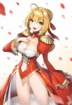  1girl absurdres ahoge bangs blonde_hair blurry braid breasts cleavage cowboy_shot depth_of_field dress epaulettes fate/extra fate_(series) french_braid green_eyes hair_between_eyes hair_bun hair_intakes hair_ribbon hand_on_own_chest hieung highres juliet_sleeves large_breasts leotard long_legs long_sleeves looking_at_viewer petals puffy_sleeves red_dress red_ribbon ribbon saber_extra sidelocks signature solo thighs white_leotard 