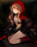  1girl :d bangs black_dress black_skirt blonde_hair blunt_bangs blush boots breasts detached_collar dress eyes_visible_through_hair frilled_skirt frills full_body grin hair_ribbon hand_up highres holding holding_hair hood knee_boots legs lips little_red_riding_hood_(sinoalice) long_hair long_sleeves looking_at_viewer low_tied_hair open_mouth orange_eyes pink_lips red_boots red_hood red_ribbon ribbon seiza sinoalice sitting skirt small_breasts smile solo teeth walzrj 
