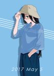  10s 1girl 2017 adjusting_clothes adjusting_hat alternate_costume black_hair blue_background blue_pants blue_shirt casual cowboy_shot dated glasses green_eyes hand_in_pocket hat kantai_collection long_hair looking_at_viewer ojipon ooyodo_(kantai_collection) pants semi-rimless_glasses shirt solo under-rim_glasses 