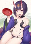  1girl alcohol blush breasts cup fangs fate/grand_order fate_(series) gluteal_fold horns japanese_clothes looking_at_viewer muryou navel oni_horns open_mouth purple_hair sakazuki sake short_hair shuten_douji_(fate/grand_order) sitting small_breasts smile solo violet_eyes 