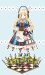  1girl alice_(wonderland) alice_in_wonderland animal_ears blonde_hair blood blood_on_face bloody_clothes blue_eyes blush bonnet boots ekira_nieto eyebrows_visible_through_hair fake_animal_ears flower gloves heart high_heel_boots high_heels highres long_hair looking_at_viewer open_mouth puffy_short_sleeves puffy_sleeves rabbit_ears red_rose rose short_sleeves solo white_gloves 