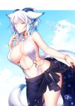  1girl 2017 animal_ears artist_name bikini blush bracelet breasts clouds dated dragon_horns floral_print fox_ears fox_tail gradient_hair hair_ornament horns jewelry konshin large_breasts multicolored_hair multiple_tails navel o-ring_bikini open_mouth orange_eyes pixiv_fantasia pixiv_fantasia_fallen_kings ponytail ring sarong short_hair sky solo swimsuit tail white_bikini white_hair 