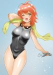  1girl chaborin competition_swimsuit covered_navel cowboy_shot goggles goggles_around_neck gradient gradient_background green_eyes grey_swimsuit looking_at_viewer navel one-piece_swimsuit open_mouth original redhead short_hair solo standing swimcap_removed swimsuit towel wet 