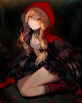  1girl :d bangs black_dress black_skirt blonde_hair blunt_bangs blush boots breasts cloak detached_collar dress eyes_visible_through_hair frilled_skirt frills full_body grin hair_ribbon hand_up highres holding holding_hair hood knee_boots legs lips little_red_riding_hood_(sinoalice) long_hair long_sleeves looking_at_viewer low_tied_hair open_mouth orange_eyes pink_lips red_boots red_hood red_ribbon ribbon seiza sinoalice sitting skirt small_breasts smile solo teeth walzrj 