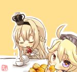  10s 2girls artist_name blonde_hair blue_eyes braid chibi commentary crown cup dress eating flower french_braid hairband headgear highres iowa_(kantai_collection) kantai_collection logo long_hair long_sleeves looking_at_viewer mini_crown multiple_girls off-shoulder_dress off_shoulder pouring red_ribbon red_rose ribbon rose scone star star-shaped_pupils symbol-shaped_pupils taisa_(kari) tea_set teacup teapot warspite_(kantai_collection) white_dress yellow_background 