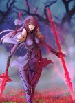 1girl covered_navel dual_wielding fate/grand_order fate_(series) flower lance long_hair looking_at_viewer parted_lips polearm purple_hair red_eyes scathach_(fate/grand_order) solo spaulders standing tree weapon wide_hips 