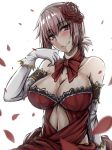  1girl blush braid breasts cleavage dress elbow_gloves fate/grand_order fate_(series) florence_nightingale_(fate/grand_order) gloves large_breasts long_hair looking_at_viewer midriff navel navel_cutout pink_hair sanmotogoroo smile solo white_gloves 