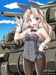  1girl animal_ears black_bow black_bowtie black_legwear blonde_hair blue_eyes bow bowtie breasts bunnysuit character_name cleavage clouds cloudy_sky cowboy_shot dated day detached_collar fake_animal_ears girls_und_panzer grey_leotard ground_vehicle hair_intakes hand_on_hip kay_(girls_und_panzer) leotard long_hair looking_at_viewer m4_sherman medium_breasts military military_vehicle motor_vehicle open_mouth outdoors pantyhose rabbit_ears romaji side-tie_leotard sky smile solo standing strapless strapless_leotard tank tatsumi_rei twitter_username v wrist_cuffs 