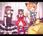 3girls animal_ears black_dress black_gloves black_gothic_dress_(idolmaster) black_hair blush cat_ears checkered checkered_floor choker commentary crossed_arms crossover dress elbow_gloves fate/hollow_ataraxia fate/stay_night fate_(series) fingerless_gloves frills gloves green_eyes hand_in_hair hoshizora_rin idolmaster idolmaster_cinderella_girls kaleido_ruby letterboxed long_hair looking_at_viewer love_live! love_live!_school_idol_festival love_live!_school_idol_project meaomao multiple_girls namesake one_eye_closed orange_hair outstretched_hand paw_pose puffy_shorts red_dress red_gloves red_legwear ribbon_choker shibuya_rin shorts smile star striped striped_background thigh-highs tohsaka_rin two_side_up vertical_stripes yellow_eyes 