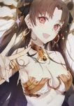  1girl bare_shoulders blush breasts brown_hair cleavage crown earrings fate/grand_order fate_(series) hair_ribbon highres hong hoop_earrings ishtar_(fate/grand_order) jewelry long_hair looking_at_viewer medium_breasts open_mouth red_eyes ribbon smile solo sparkle tohsaka_rin upper_body v 