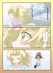  2girls blonde_hair blush green_eyes highres lillie_(pokemon) matsuoka_michihiro mizuki_(pokemon_sm) multiple_girls ocean platform pokemon pokemon_(game) pokemon_sm short_hair smile sunlight 