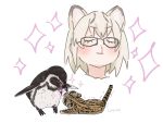  1girl animal animal_ears artist_name bird black-framed_eyewear blonde_hair blood cat_ears closed_eyes closed_mouth dot_nose extra_ears eye_contact eyebrows_visible_through_hair eyelashes facing_viewer glasses humboldt_penguin humboldt_penguin_(kemono_friends) kab00m_chuck kemono_friends kiss looking_at_another lying margay margay_(kemono_friends) nosebleed penguin portrait short_hair signature smile sparkle spotted_hair standing trembling white_background yuri 