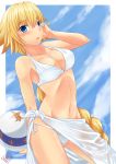  ball beach bikini blue_eyes blue_sky blush braid breasts clouds dutch_angle fate/apocrypha fate_(series) groin hair_between_eyes hand_in_hair long_braid medium_breasts navel outside_border ruler_(fate/apocrypha) sarong short_hair single_braid sky strap_gap swimsuit thealagator white_border 