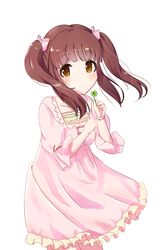  1girl absurdres alternate_costume blush brown_eyes brown_hair clover clover_(flower) dress eri_(erikaida) flower four-leaf_clover hair_ornament highres idolmaster idolmaster_cinderella_girls long_hair looking_at_viewer ogata_chieri pink_dress ribbon simple_background smile solo twintails white_background 