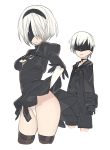  1boy 1girl :i blade_(galaxist) blindfold breasts closed_mouth cropped_legs drag-on_dragoon hairband highleg highleg_leotard juliet_sleeves leotard lifted_by_self long_sleeves looking_at_another medium_breasts mole mole_under_mouth nier_(series) nier_automata parted_lips puffy_sleeves short_hair simple_background skirt skirt_lift thighs white_background white_hair yorha_no._2_type_b yorha_no._9_type_s 