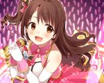  1girl bangs brown_eyes brown_hair chisumi earrings elbow_gloves gloves glowstick holding holding_microphone idolmaster idolmaster_cinderella_girls idolmaster_cinderella_girls_starlight_stage jewelry long_hair microphone one_side_up open_mouth shimamura_uzuki side_ponytail smile solo stage_of_magic upper_body wavy_hair white_gloves 