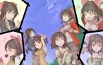  4girls alternate_costume anger_vein arms_up bare_shoulders belt benikurage bow brown_hair chibi closed_eyes clouds cookie_(touhou) cup eating green_eyes hair_ribbon hair_tubes hakurei_reimu highres jacket kanna_(cookie) long_hair long_sleeves looking_at_viewer multiple_girls multiple_persona necktie nuppebbou_(cookie) off_shoulder open_mouth ponytail puffy_sleeves red_eyes reu revision ribbon sananana shirt short_hair short_sleeves sky smile sweater_vest teacup tongue tongue_out touhou vest 