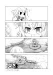  2girls bandage bow comic flower_knight_girl greyscale hair_bow hair_ornament hair_ribbon hakobera_(flower_knight_girl) highres kadose_ara katabami_(flower_knight_girl) kneeling monochrome multiple_girls outstretched_arms ribbon scarf short_hair sidelocks solid_circle_eyes sparkle 